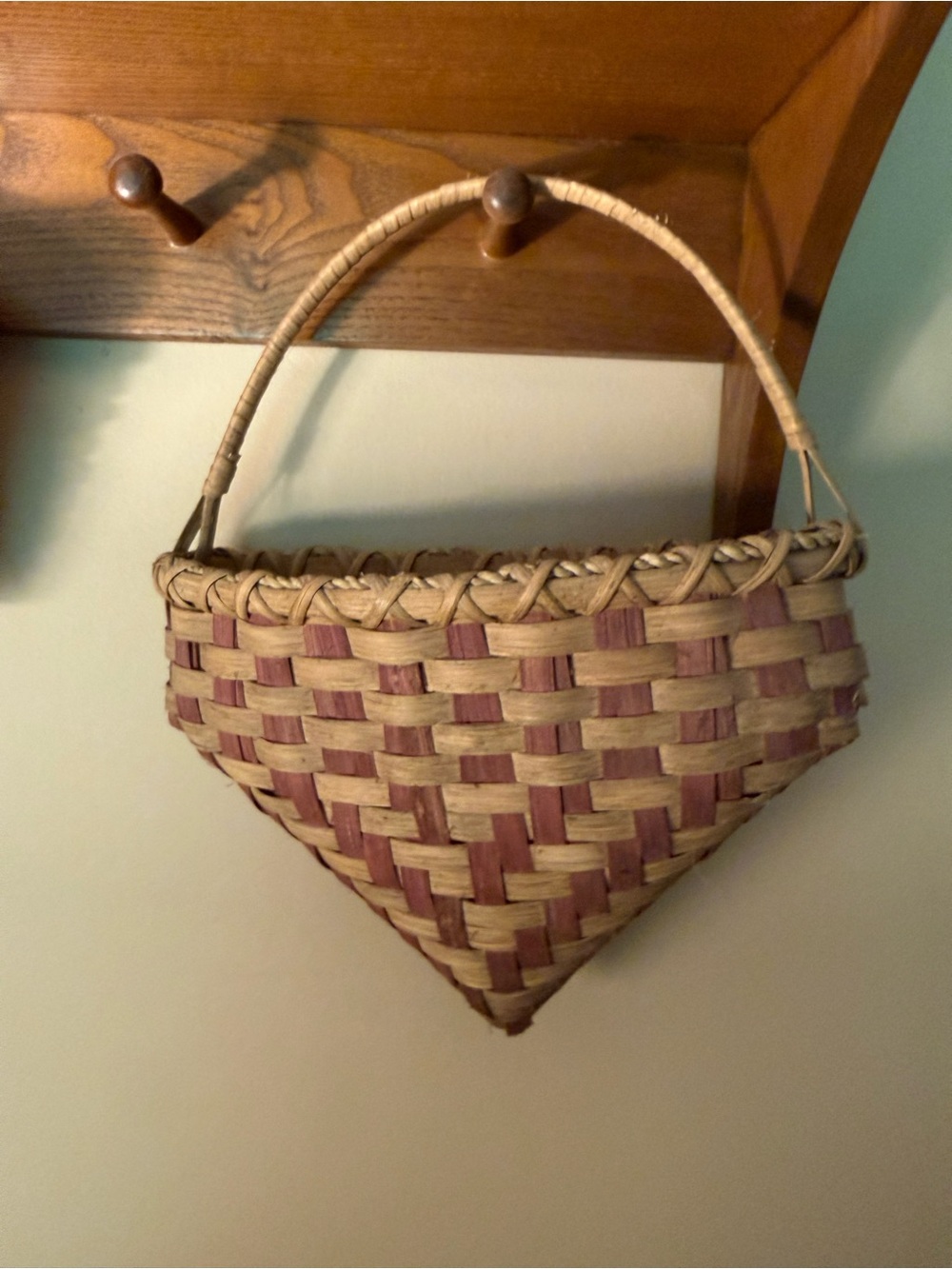 Vintage Hand Crafted Triangular Woven Wall Basket with Burgundy Accents Country